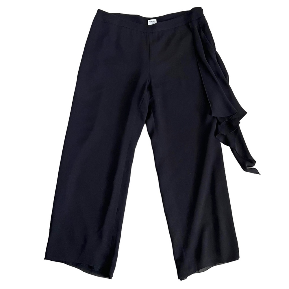 Vintage 90s Armani Collezioni Black Silk Crepe Crop Wide Leg Pants Drape Detail